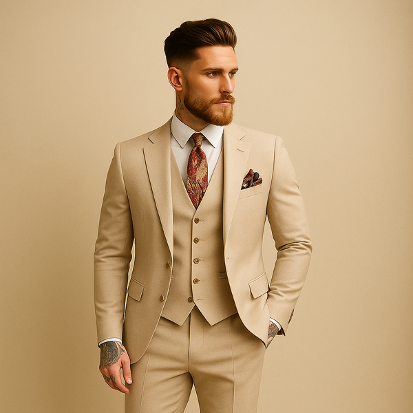 Men's Business Formal Partywear Beige Color 3 Piece Suits