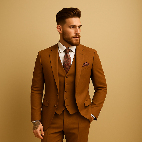 Men's Business Formal Partywear Rust Orange Color 3 Piece Suits