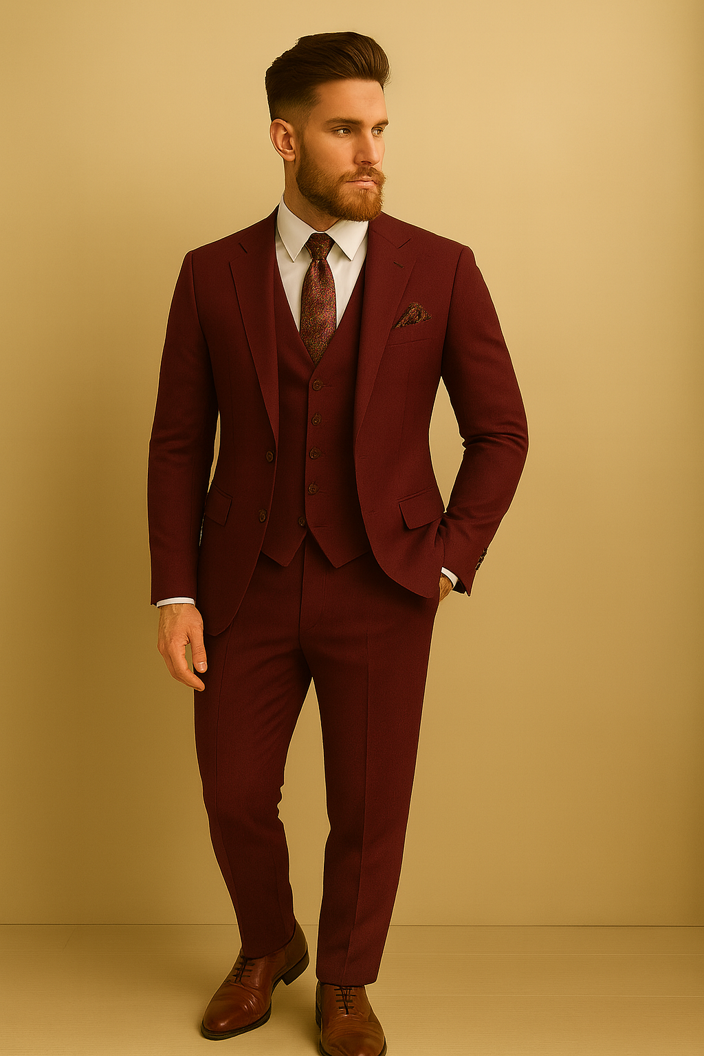Man wearing a burgundy suit with a white shirt and brown tie on a beige background