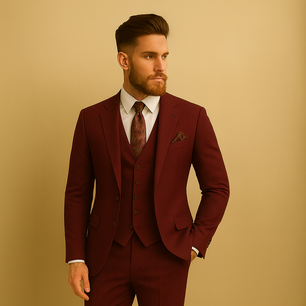 Men's Business Formal Partywear Burgundy Color 3 Piece Suits