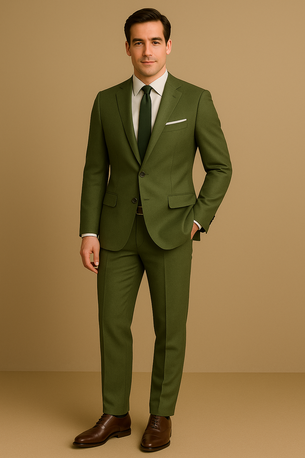 Man wearing a green suit with a white shirt and brown shoes on a beige background