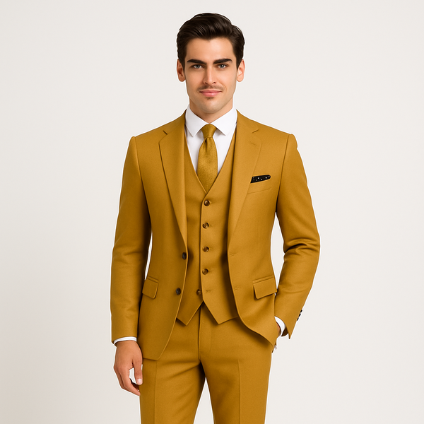Men's Business Formal Partywear Mustard Yellow Color 3 Piece Suits