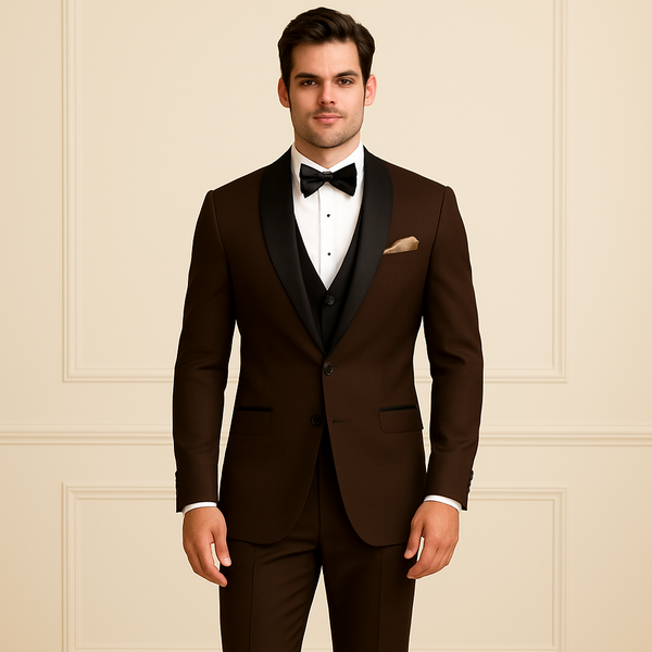 Men's Tuxedo Shawl Lapel Chocolate Brown Color 3 Piece Suit