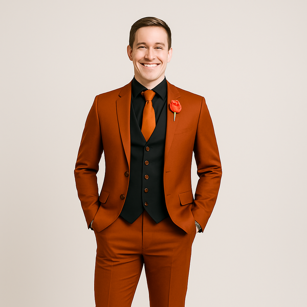 Men's Business Formal Partywear Rust Orange Color With Black Vest
