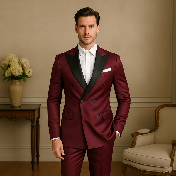 Men's Double Breasted Burgundy Color Business Suit