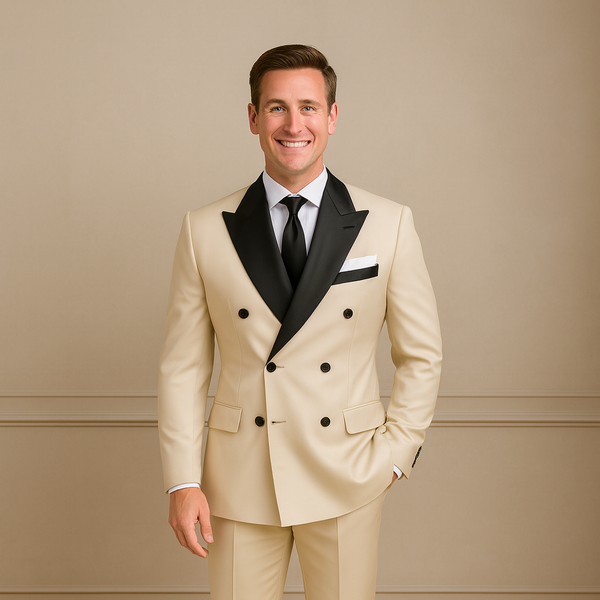Men's Double Breasted Beige Color Business Suit