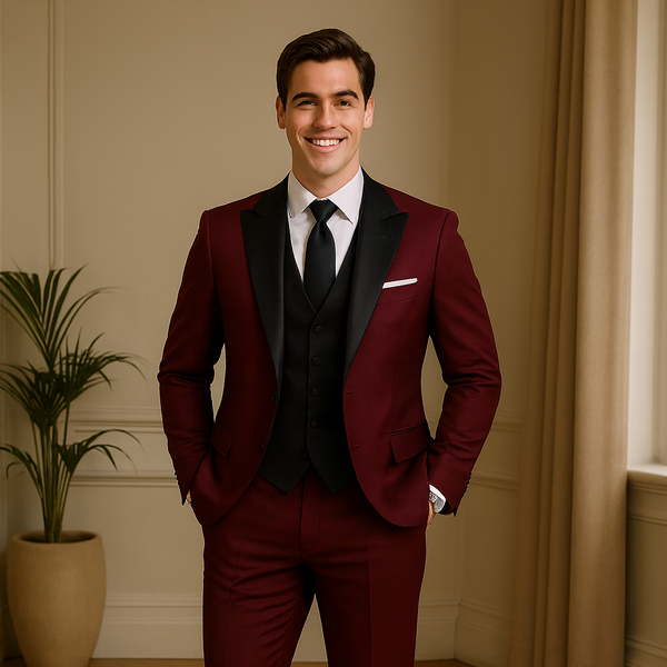 Men's Business Formal Partywear Burgundy Color With Black Vest Peak Lapel Date Night Suit