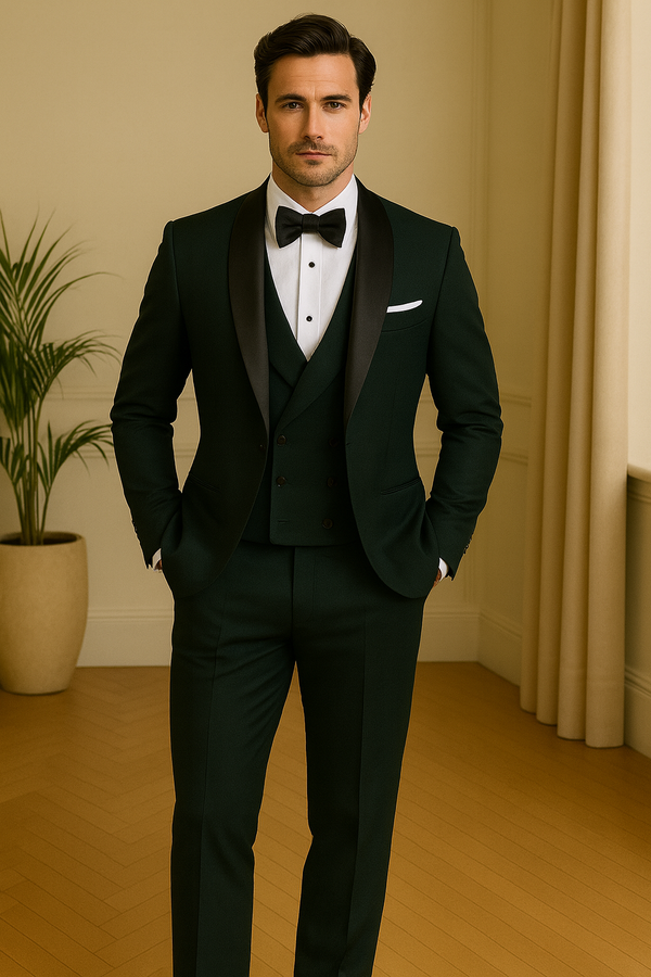 Men's Business Shawl Lapel Green Color One Button Regular Fit 3 Piece Suits