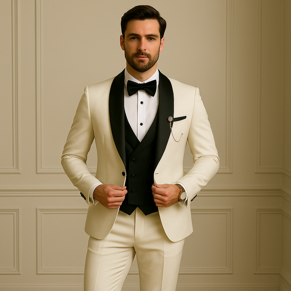 Men's Business Shawl Lapel Off White With Black Vest 3 Piece Suits