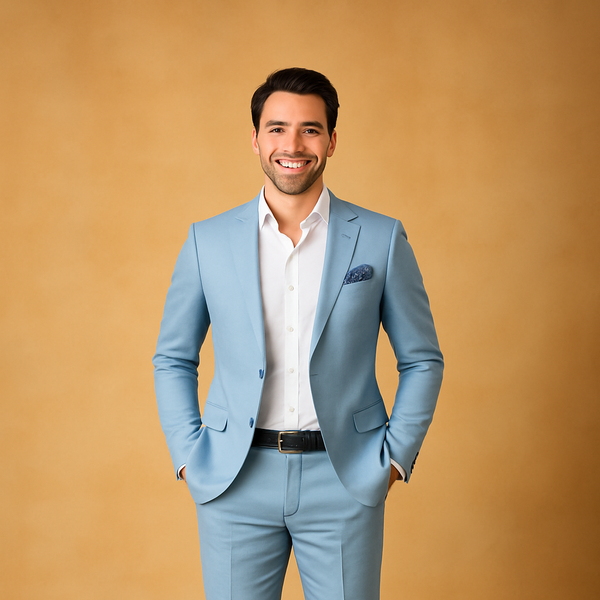 Men's Double Breasted Ice Blue Color Business Suit