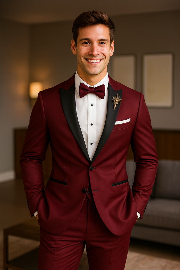 Men's Tuxedo Peak Lapel Ivory Burgundy Color 2 Piece Suit