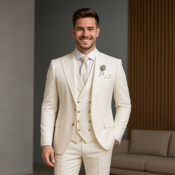 Men's Business Formal Partywear Off White Color 3 Piece Suits