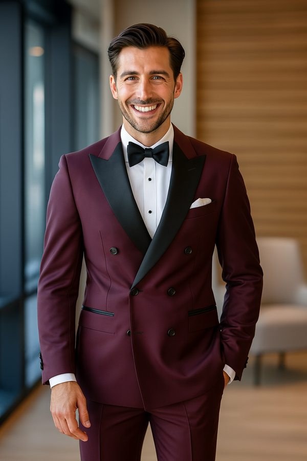Men's Double Breasted Wine Color Business Suit