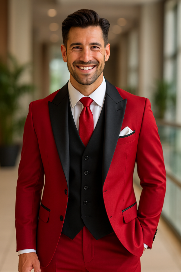 Men's Business Peak Lapel Burgundy Red 3 Piece Suits