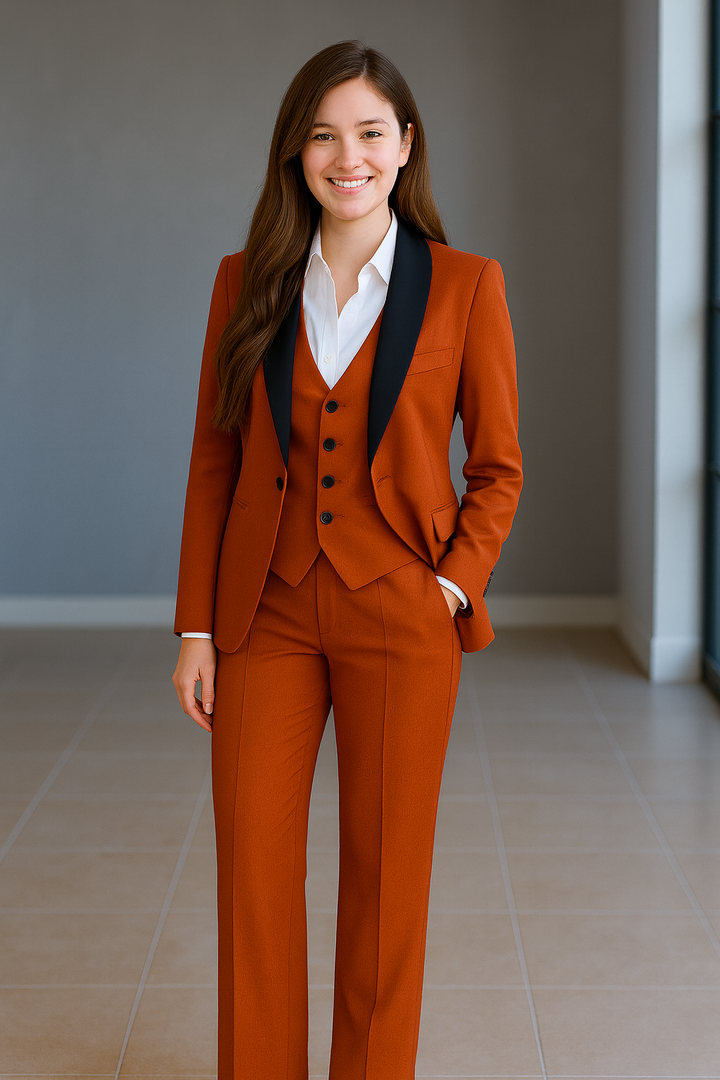 Woman wearing a rust-colored suit with a white shirt and black vest in an indoor setting.