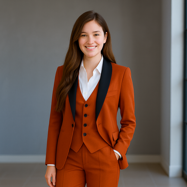 Woman wearing a rust-colored suit with a white shirt and black vest in an indoor setting.