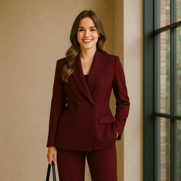 Woman in a burgundy suit standing indoors with a neutral background