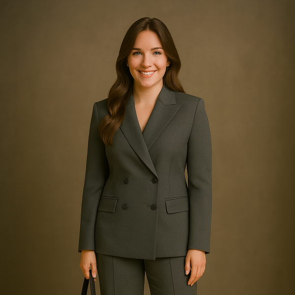 Woman wearing a gray suit holding a black handbag against a brown background