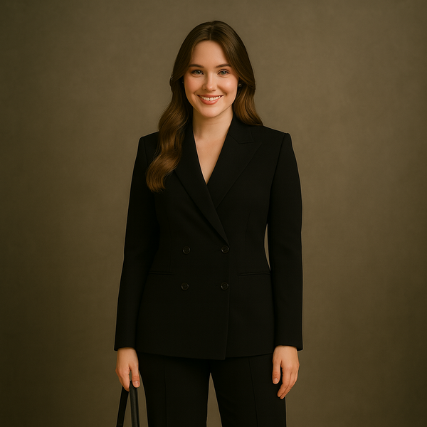 Woman wearing a black suit holding a black handbag against a brown background