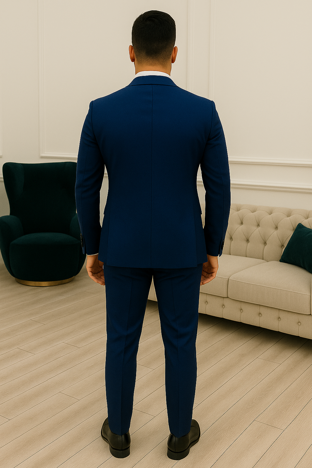 Man wearing a blue suit standing in a room with a couch and chair.