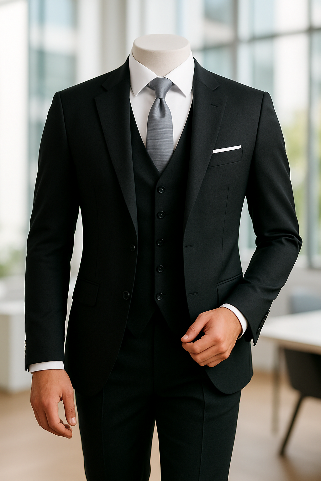 Black suit with a gray tie on a mannequin against a blurred indoor background