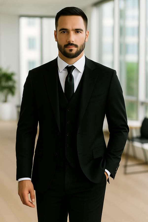 Men's Business Formal Partywear Black Color 3 Piece Suits