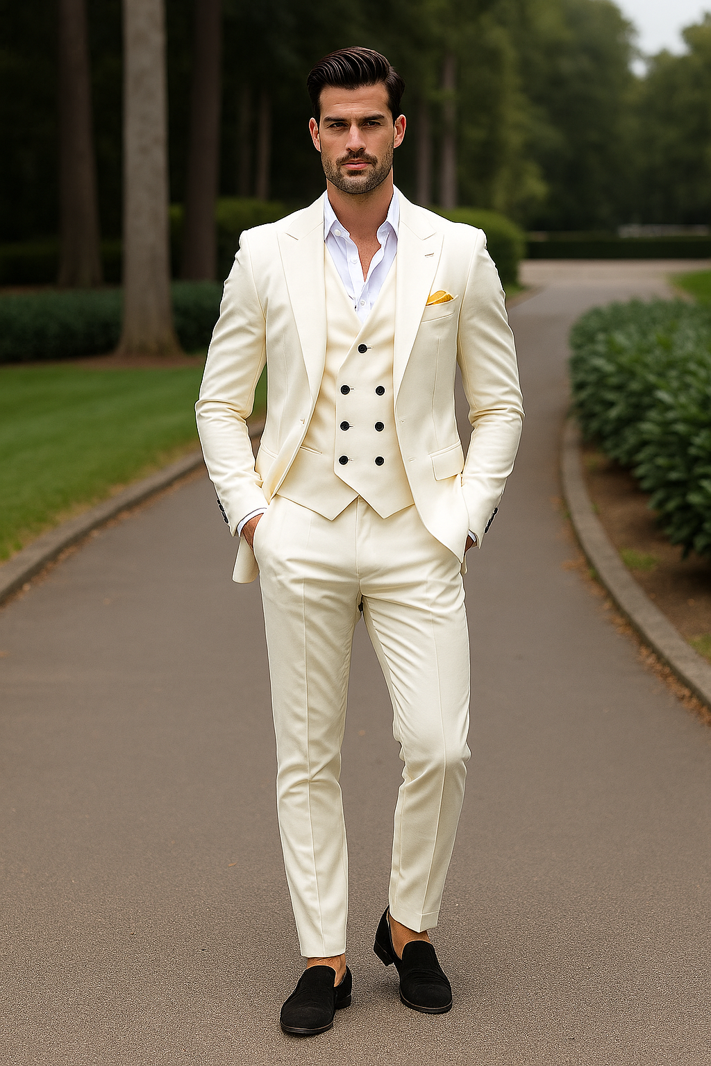 Man wearing a white suit with a yellow pocket square in an outdoor setting