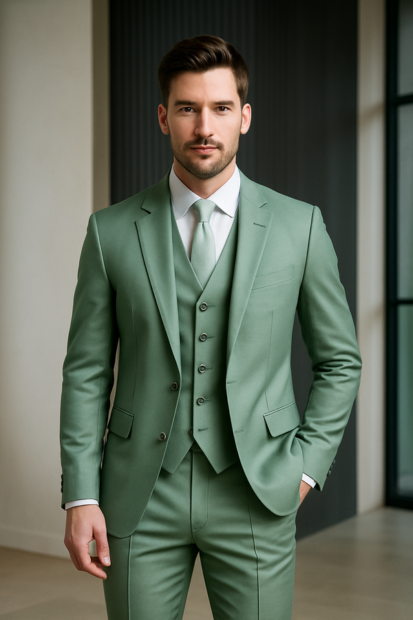 Men's Business Partywear Sage Green Color 3 Piece Suits