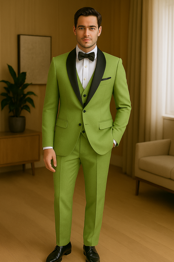 Men's Business Shawl Lapel Lime Green Color 3 Piece Suits