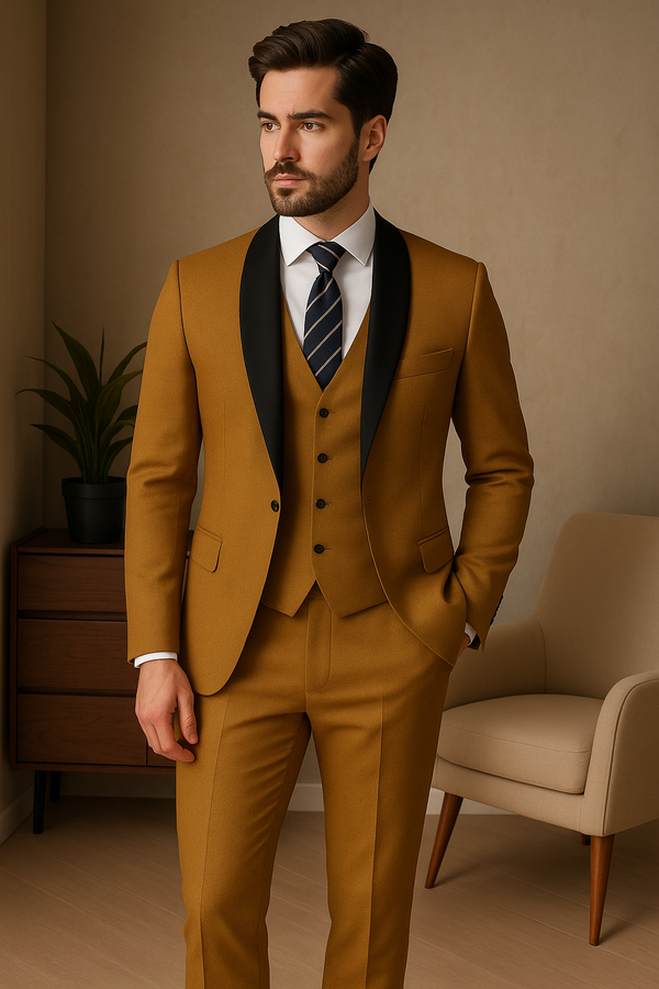 Men's Business Dinner Partywear Mustard Yellow Shawl Lapel 3 Piece Suits