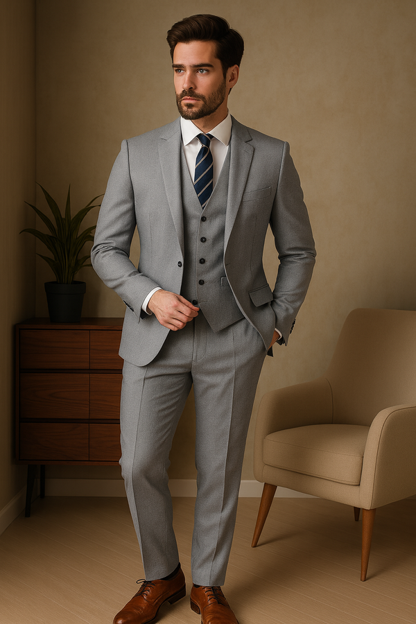 Men's Business Dinner Partywear Grey Color 3 Piece Suits