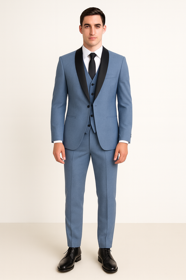Men's Business Dinner Partywear Ice Blue Color Shawl Lapel 3 Piece Suits