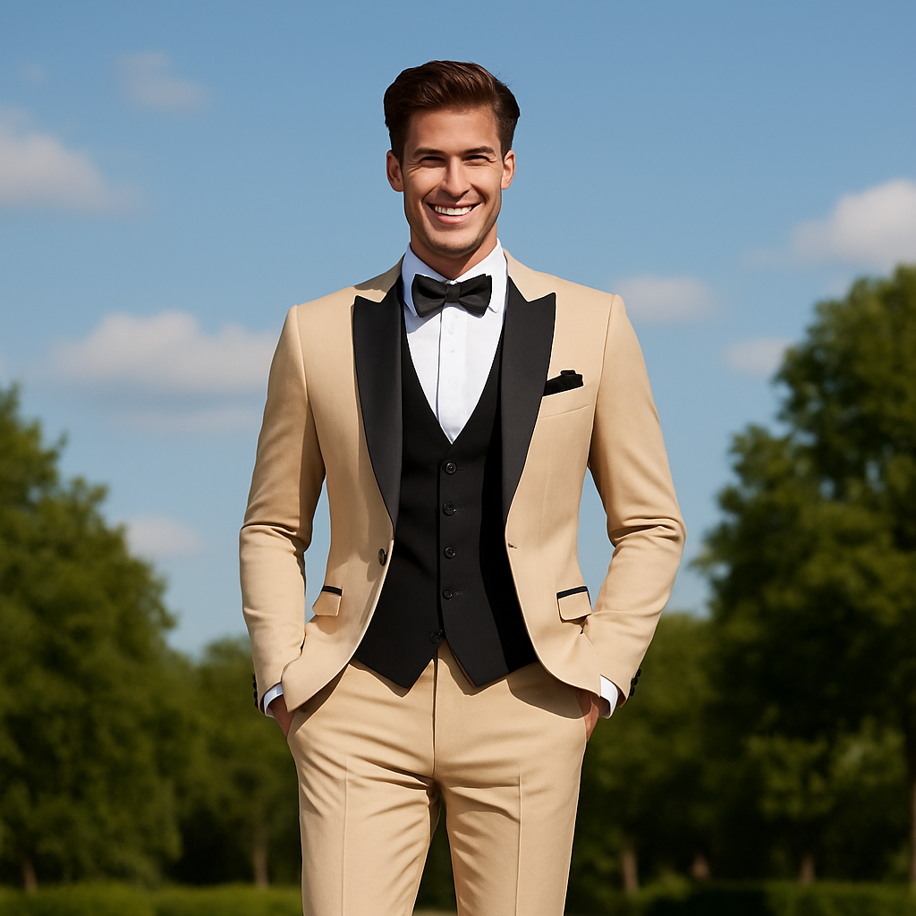 Man in a beige suit with black vest and bow tie standing outdoors on a path with trees in the background.