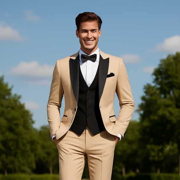 Man in a beige suit with black vest and bow tie standing outdoors on a path with trees in the background.