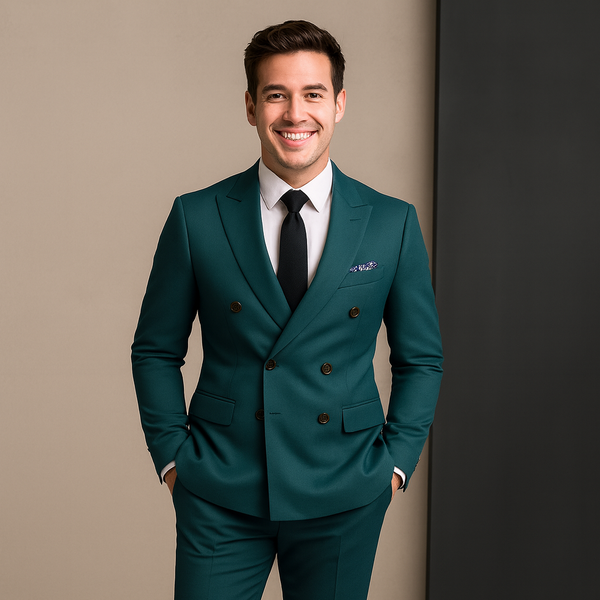 Men's Double Breasted Teal Color Business Suit