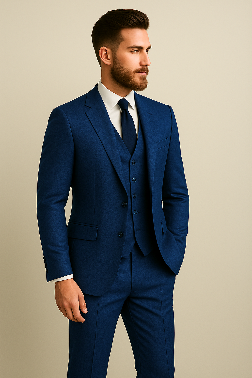 Man wearing a blue suit with a white shirt and tie on a beige background