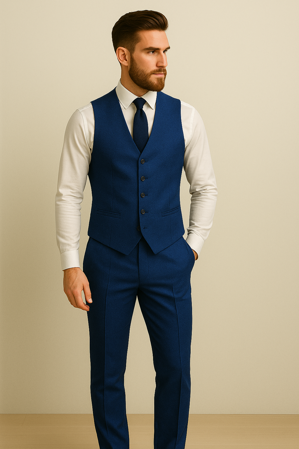 Man wearing a blue suit with a white shirt and black tie against a beige background