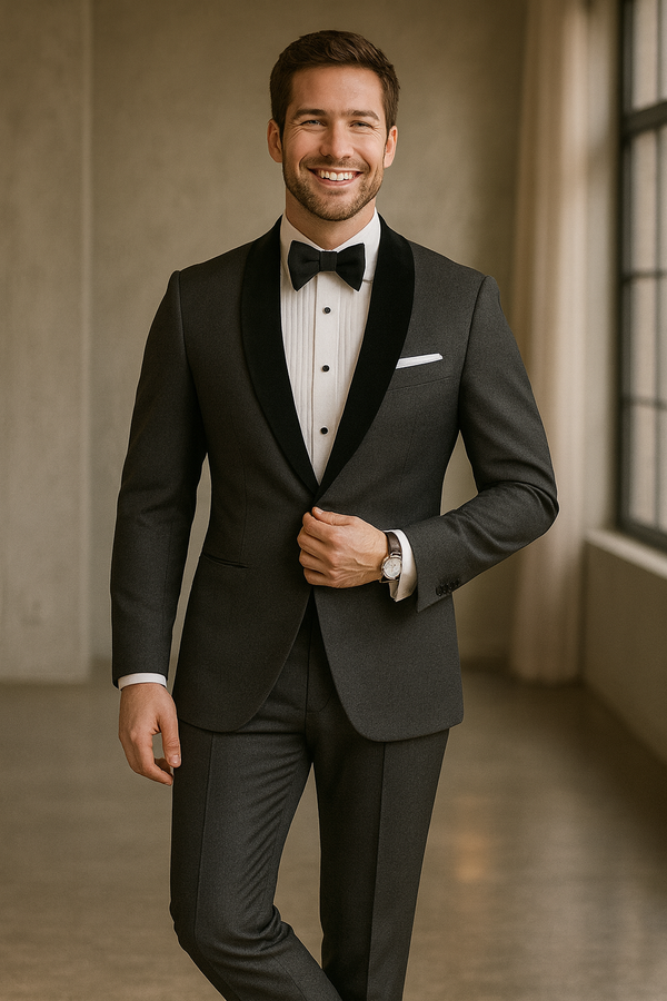 Men's Tuxedo Shawl Lapel Charcoal Grey Color 2 Piece Suit