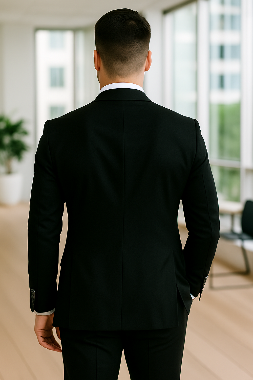 Person wearing a black suit in an indoor setting with large windows.