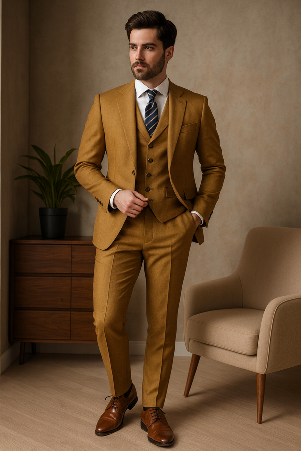 Men's Business Dinner Partywear Mustard Yellow 3 Piece Suits