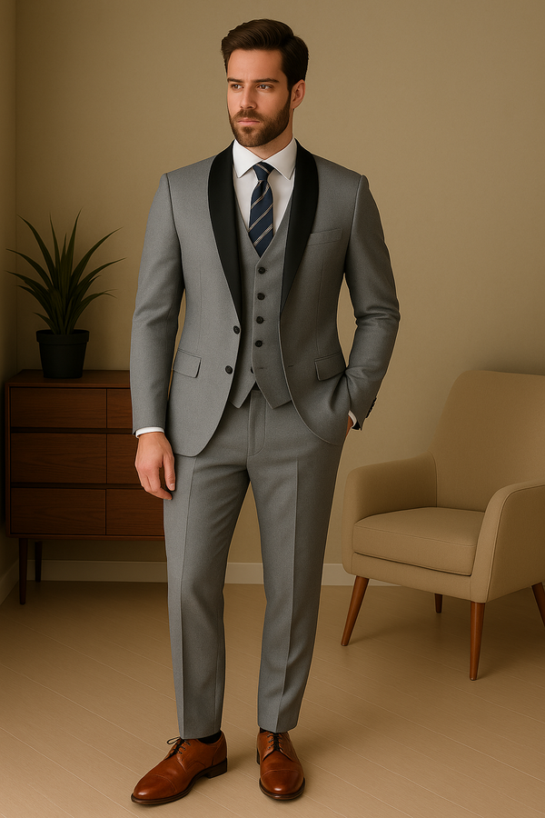 Men's Business Dinner Partywear Grey Color Shawl Lapel 3 Piece Suits