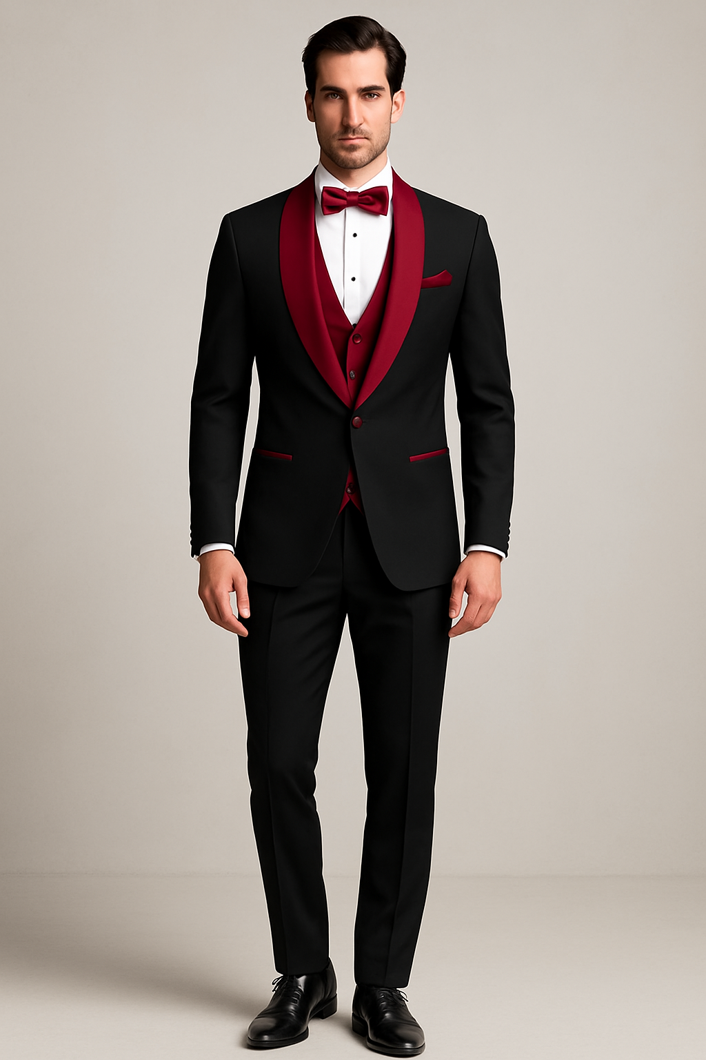 Man wearing a black suit with red lapels and bow tie on a plain background