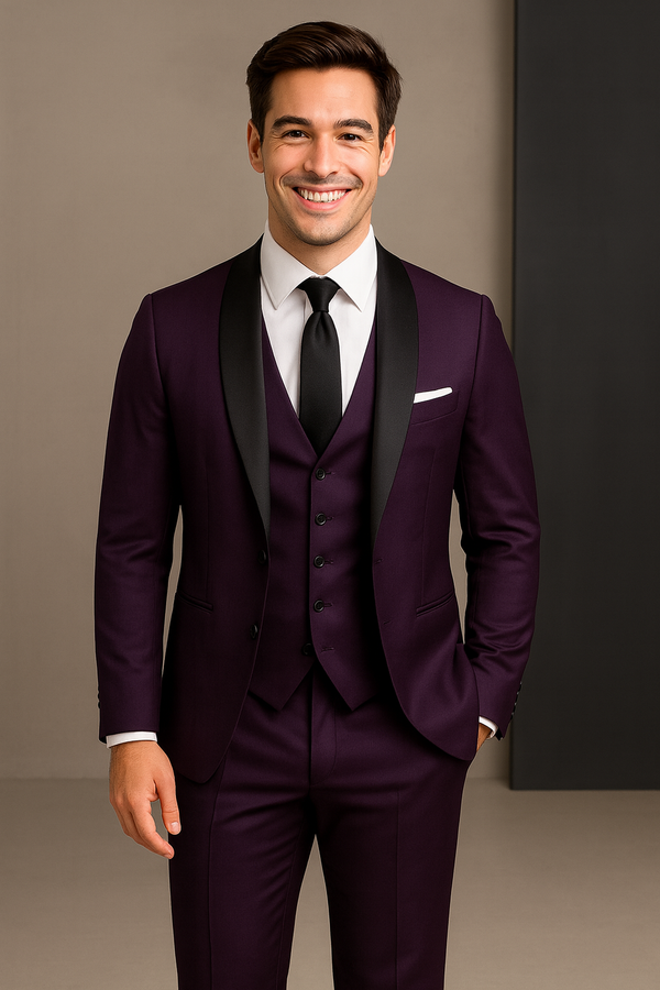 Men's Business Peak Lapel Slim Fit Purple 3 Piece Suits