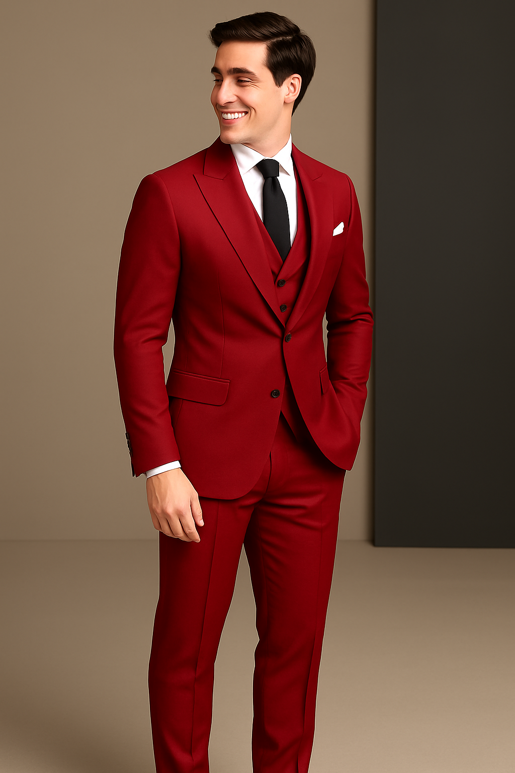 Man wearing a red suit with a black tie against a neutral background